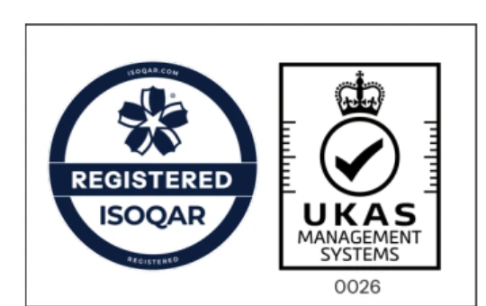 ISOQAR registered and UKAS Management Systems mark for ISO 9001, certificate 14715